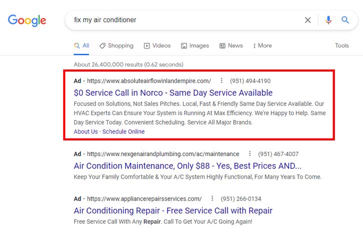 Search Ad results for "fix my air conditioner"