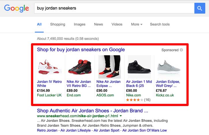 Google shopping results for "buy jordan sneakers"